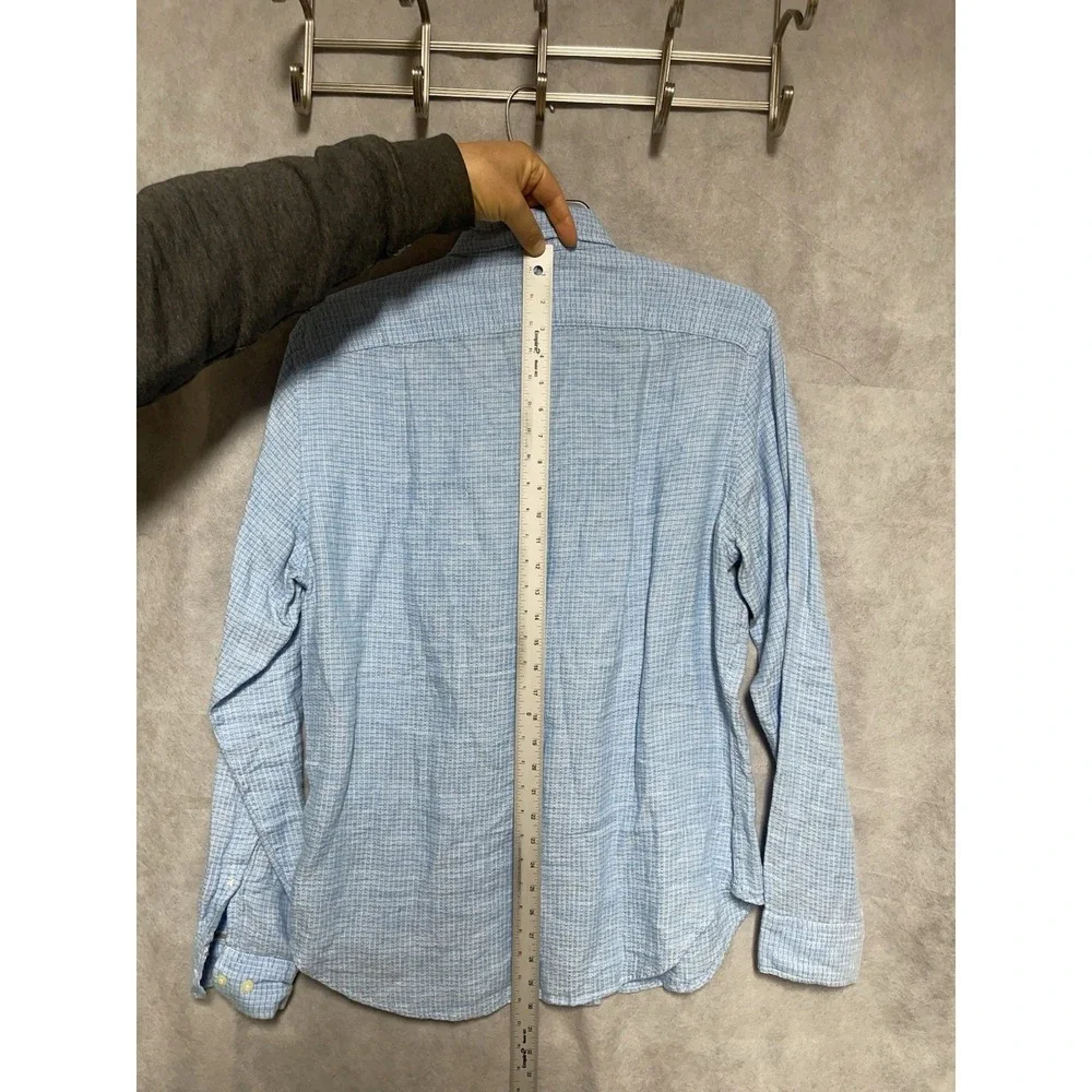 Banana Republic‎ Shirt Men M Blue Check Linen Button Up Camden Hopsack Academia
